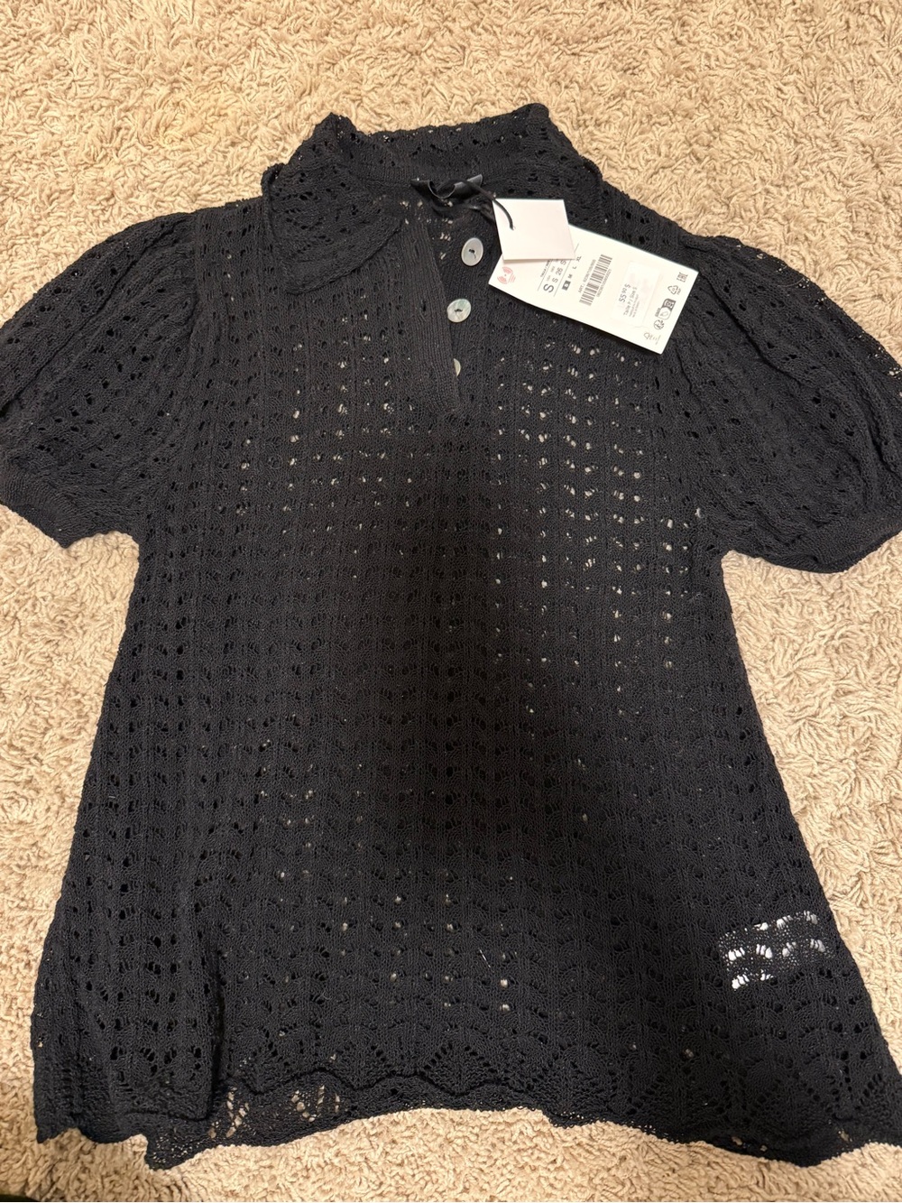 Zara Black Crochet Short-Sleeve Polo Top